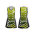 A green and black women's A-line netball dress with a stylish design and a logo on the front.