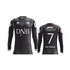A black long sleeve soccer jersey featuring a logo and striped design, displaying the number 7 on the back.