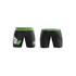 Black sports shorts with a green waistband, featuring a logo on one side. Designed for soccer or touch football.