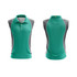 A sleeveless polo shirt in teal and grey with a collar and a logo. Features a streamlined design and sporty look.