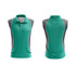 A sleeveless polo shirt in teal with grey accents and a logo. Front and back views displayed.