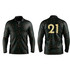 A long sleeve polo shirt in black and green geometric pattern, featuring a large number 21 on the back and a logo.
