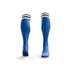 Blue soccer socks with a ribbed design and white stripes at the top, featuring a logo on one side.