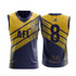 A navy and gold AFL jersey featuring a logo and a large number 8, designed for sports uniforms.