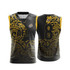 A black and gold AFL jersey featuring a patterned design and a logo. The back displays the number 8.