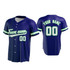 A navy baseball jersey featuring green accents and a logo on the front, with a name and number on the back.