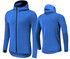 A blue hoodie with a zip front and a hood, featuring long sleeves and a sleek design. It has a logo on the front.