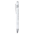 A white metal pen with a silver clip and tip, featuring a logo on its body.