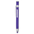 A metal pen with a purple body and silver accents, featuring a logo on the side.