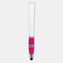 A stylus pen featuring a white upper section and a pink rubber grip, with silver accents and a branding logo.