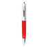 A red metal pen with a silver clip and tip, featuring a logo on the side.