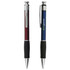 A promotional set of two plastic pens: one in burgundy with a silver trim, the other in blue with a black grip. Each has a logo.