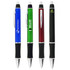 A collection of four plastic pens in blue, green, red, and black, featuring a logo on each pen.