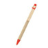 A wooden pen with an orange tip and cap, featuring a simple design and a logo on the barrel.