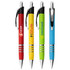 A collection of four metal pens in red, yellow, green, and blue, each featuring a logo and a sleek design.