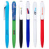 A collection of plastic pens in blue, green, black, red, white, and blue with various designs and logos.