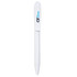 A white plastic pen with a cap and a branding logo on the barrel.