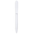 A white plastic pen with a sleek design and a clip, featuring a logo on its body.