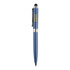 A blue stylus pen with a silver clip and a logo on the barrel, designed for writing and touchscreen use.