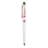 A white stylus pen with a black writing tip and a branding logo on the upper part.