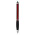 A red stylus pen with a black rubber grip and a silver accent. It has a logo near the top.