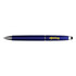 A blue stylus pen with a silver trim and branding.