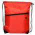 A red drawstring bag featuring a front zip pocket and black cords for closure, also displaying a logo.