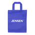 A purple tradeshow bag with two handles and a white logo.