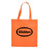 An orange shopping tote bag featuring black branding, with two sturdy handles for carrying.