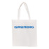 A white shopping tote bag with sturdy handles and a blue logo on the front.