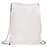 A white drawstring gym bag with black cords and a logo at the bottom.