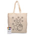 A cream calico tote bag with a bunny design and a set of colourful crayons beside it. Features a brand logo.