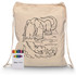 A natural canvas drawstring bag with a dinosaur illustration, accompanied by a set of coloured crayons in a branded box.