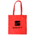 A red shopping tote bag with a gusset and a logo printed on the front.