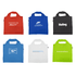 A collection of six recycled PET bags in red, grey, blue, white, and green, each with a logo.