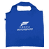A blue recycled PET bag featuring a logo on the front and sturdy handles for easy carrying.