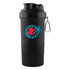 A drink bottle in black featuring a logo and a carabiner clip, designed with a stacked, three-part structure.