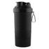 A drink bottle featuring a black 3 in 1 shaker cup design, equipped with a carabiner and a lid.