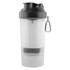 A drink bottle featuring a black lid and a clear body, with a built-in compartment and a logo.