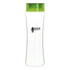 A drink bottle with a transparent body and a green screw-on lid, featuring a logo.