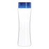A drink bottle made of transparent Tritan with a blue lid and a sleek, curved design. It features a logo.
