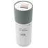 A drink bottle with a sleek design in clear glass and a grey cap, featuring a stainless steel infuser.