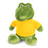 A green crocodile plush toy wearing a yellow shirt, with round eyes and a soft, cuddly appearance.