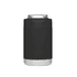 A black stubby cooler with a stainless steel base, designed to hold drink cans securely.