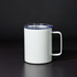 A drink bottle in white with a blue lid, featuring a handle and a logo on the side.