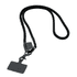 A black phone strap featuring a textured design and a clip for attaching to phones or other items.