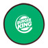 A green fold-up flying disc with a brown edge and a logo in the centre.