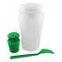 A white salad shaker with a green compartment and fork. It features a lid and has a logo.