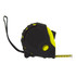 A tape measure with a black and bright yellow casing, featuring a retractable measuring tape and a loop for hanging.
