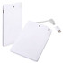 A white ultra slim power bank with a USB and lightning connector attached. It has a logo on the surface.